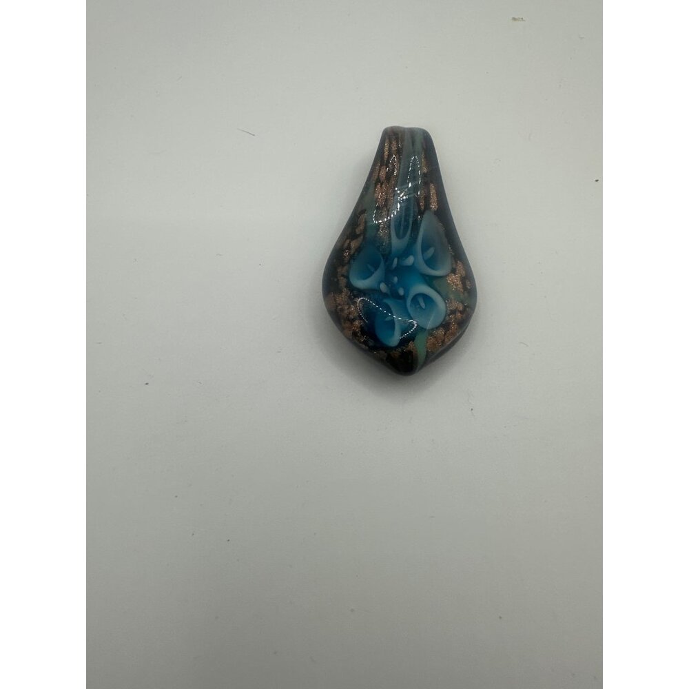 Handmade Glass Teardrop Pendant With Blue Floral Design & Copper Accents
